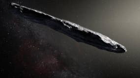 La forme très allongée d'"Oumuamua", intrigue les astronomes. (vue d'artiste)