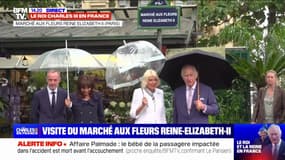 L’arrivée du roi Charles III au marché aux fleurs renommé Reine Elizabeth II sur l’île de la Cité accueilli par Anne Hidalgo