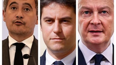 Un photomontage montrant Gérald Darmanin, Gabriel Attal et Bruno Le Maire.