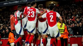 La joie des joueurs d'Arsenal après leur victoire contre le Real Madrid (3-0, Ligue des champions), le 8 avril 2025
