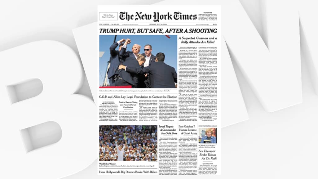 La une du New York Times du 14 juillet 2024, après la tentative d'assassinat contre Donald Trump. © BFMTV
