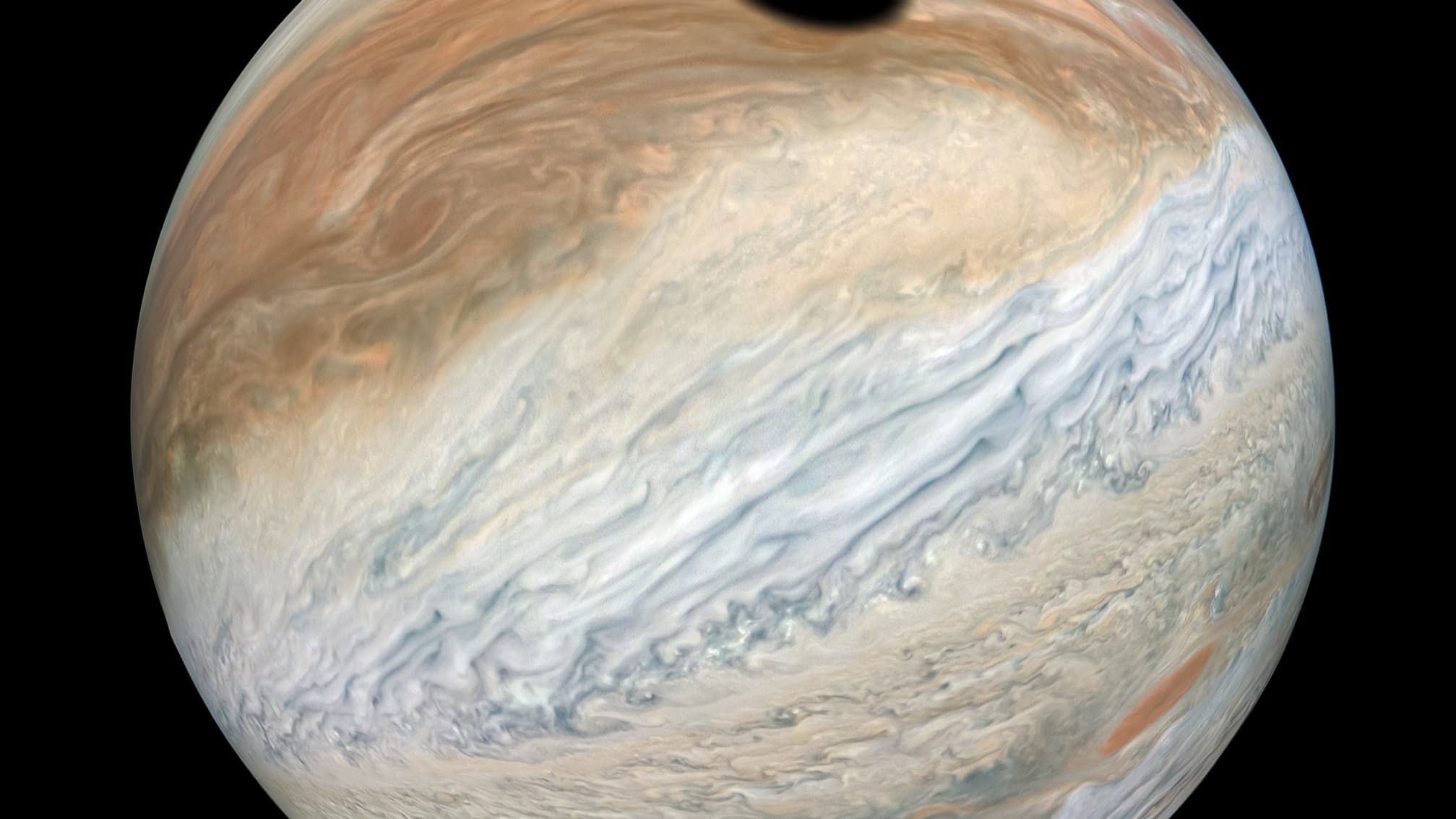 Une éclipse solaire sur Jupiter, réfléchissant l'ombre de Io, le 12 septembre 2019. Une éclipse solaire sur Jupiter, réfléchissant l'ombre de Io, le 12 septembre 2019.