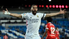 Le buteur français du Real Karim Benzema contre le Séville FC en chamionnat, le 9 mars 2021 au stade Alfredo Stefano à Madrid.