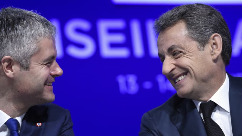 Laurent Wauquiez et Nicolas Sarkozy lors d'un conseil national du parti Les Républicains en février 2018.