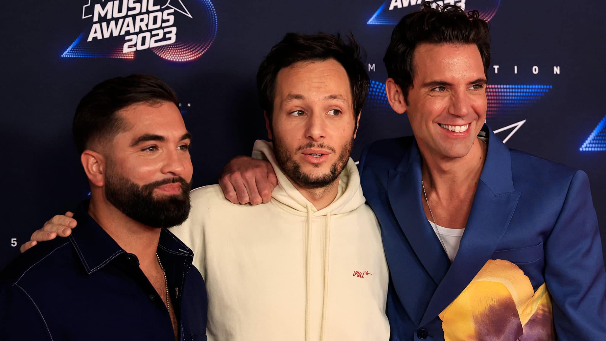 Les artistes Kendji Girac, Vianney et Mika lors des 25e NRJ Music Awards à Cannes, le 10 novembre 2023. Les artistes Kendji Girac, Vianney et Mika lors des 25e NRJ Music Awards à Cannes, le 10 novembre 2023.