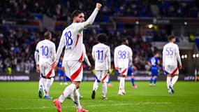 Ryan Cherki célèbre son but lors du match OL-Olympiacos (2-0, Ligue Europa), le 26 septembre 2024