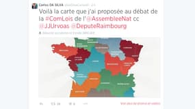 Carte des régions unissant le Limousin et l'Aquitaine, telle que postée sur Twitter par le rapporteur socialiste du texte sur la réforme territoriale à l'Assemblée Carlos Da Silva.