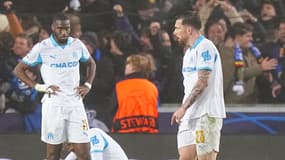 Les Marseillais Geoffrey Kondogbia et Pierre-Emile Hojbjerg dépité pendant le match de l'OM à Bruges en Ligue des champions, le 28 janvier 2026