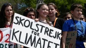 La Suédoise Greta Thunberg lors d'une "grève pour le climat", le 19 avril 2019 à Rome, en Italie