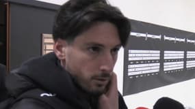 Le latéral d'Angers Florent Hanin en zone mixte après la 21e journée de Ligue 1, 9 février 2025