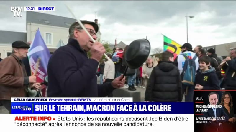 Visite d'Emmanuel Macron: casseroles à la main, les manifestants attendent l'arrivée du Président