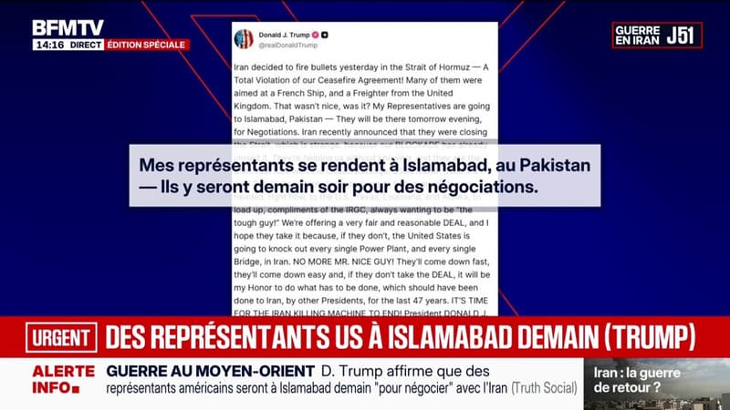 Guerre au Moyen-Orient: Donald Trump annonce que des représentants américains se rendent à Islamabad pour des négociations