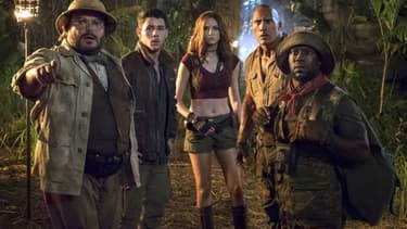 Dwayne Johnson, Jack Black, Karen Gillan, Kevin Hart et Nick Jonas dans "Jumanji: "Bienvenue dans la jungle"