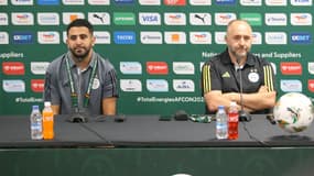 Riyad Mahrez et Djamel Belmadi en conférence de presse, le 14 janvier 2024