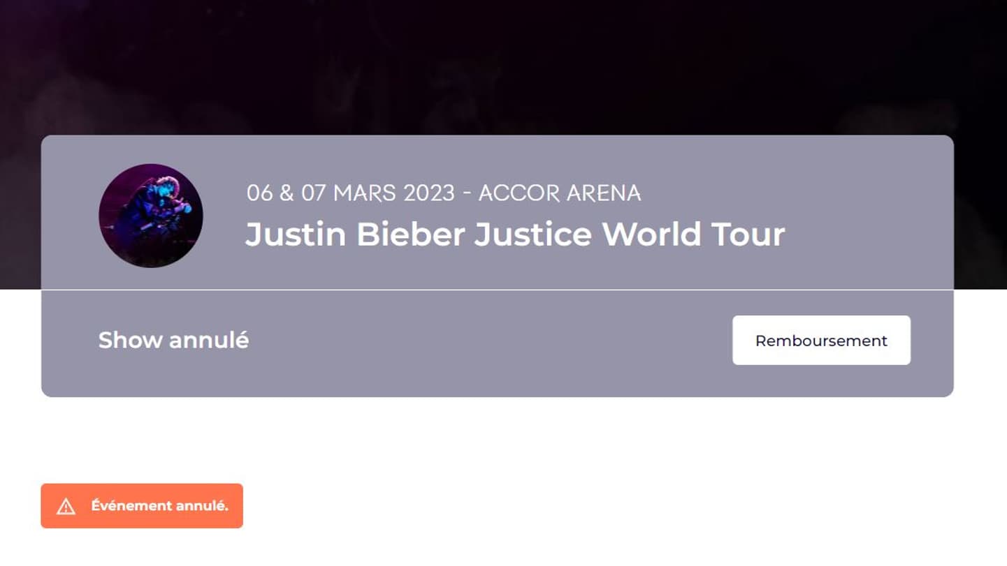 L'annonce de l'annulation sur le site de l'Accor Arena L'annonce de l'annulation sur le site de l'Accor Arena