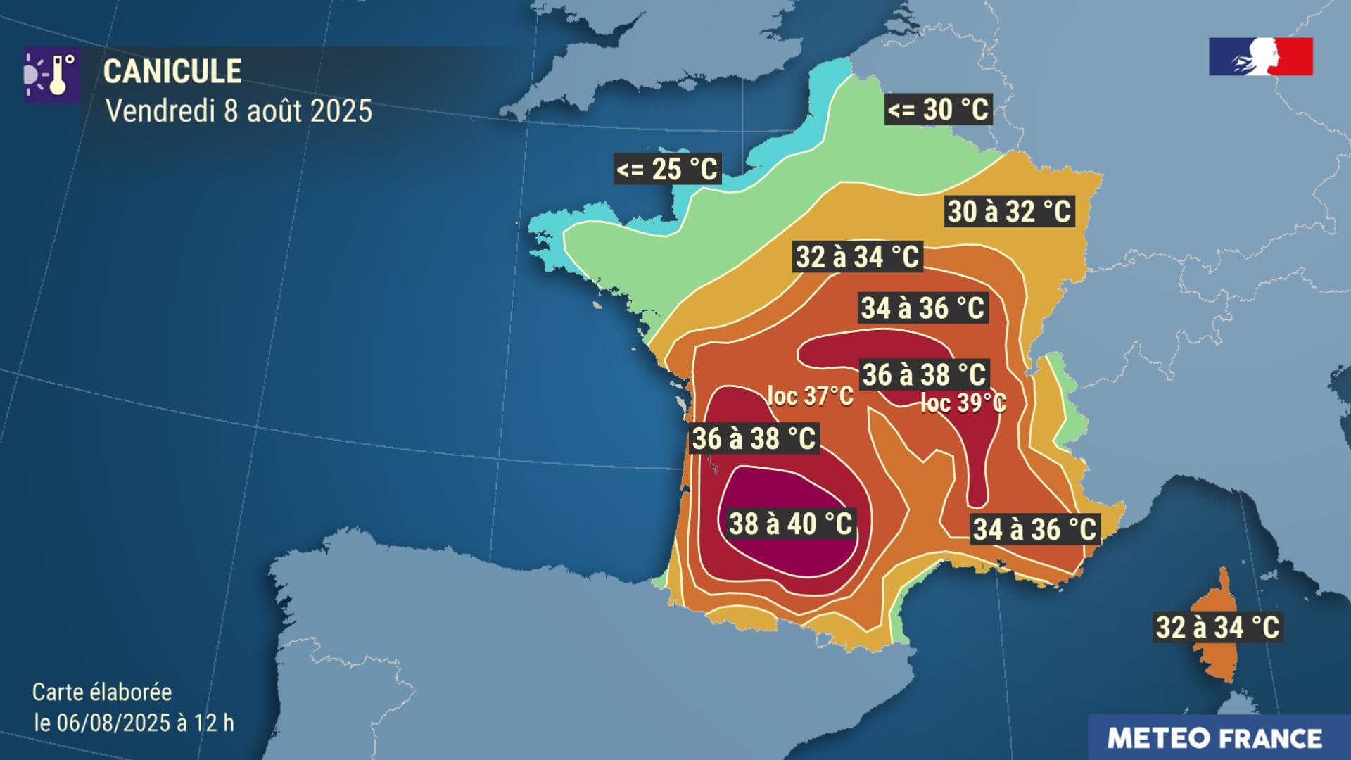 La carte pour la journée de vendredi 8 août, établie par Météo-France. La carte pour la journée de vendredi 8 août, établie par Météo-France.