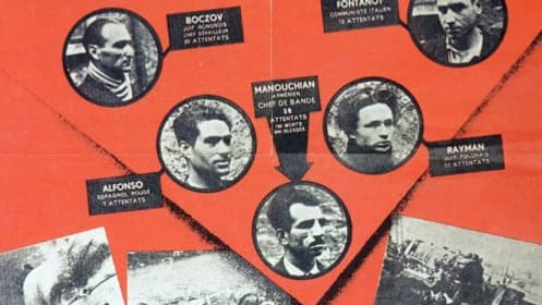 Reproduction d'une affiche qui fut placardée dans les principales villes de France sous l'Occupation par les services de la propagande allemande. Connue comme "l'Affiche rouge", elle présentait les portraits de 10 résistants, membres du "Groupe Manouchian", parmi les 23 qui allaient être condamnés à mort et fusillés, au mont Valérien le 21 février 1944
