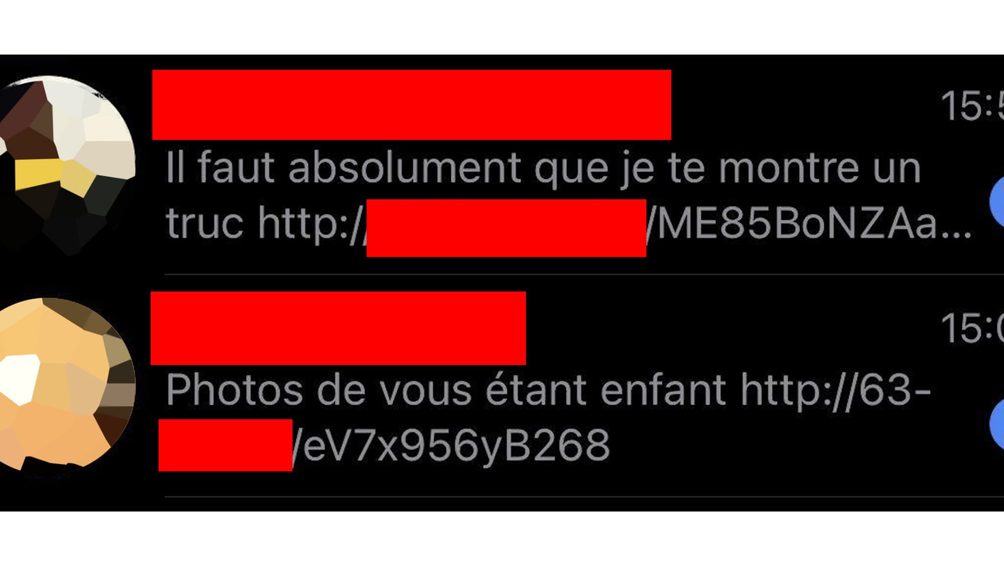 Les messages envoyés par des victimes du piratage, à de potentielles cibles, sur Telegram