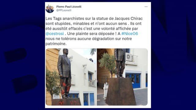 La statue de Jacques Chirac à Nice, une nouvelle fois dégradée.