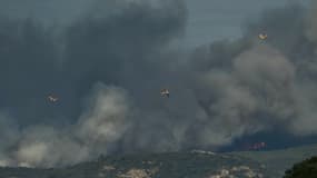 Des avions de lutte contre les incendies Canadair survolent une forêt en feu après qu'un incendie s'est déclaré près de la ville de Narbonne, dans le sud-ouest de la France, le 7 juillet 2025.