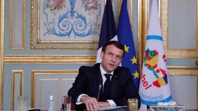 Emmanuel Macron lors d'une visio-conférence avec les pays du G5 Sahel, le 16 février 2021, à l'Elysée.