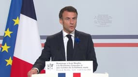 Emmanuel Macron, lors de son discours d'hommage à Jean Moulin, à la prison de Montluc, à Lyon, le 8 mai 2023.