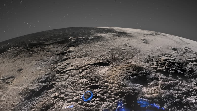 Image fournie le 29 mars 2022 montrant la région des volcans de glace à la surface de Pluton, avec, en bleu, comment l'activité volcanique passée a pu opérer