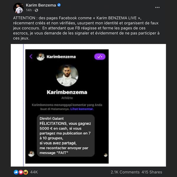 Publication de la page Facebook officielle de Karim Benzema