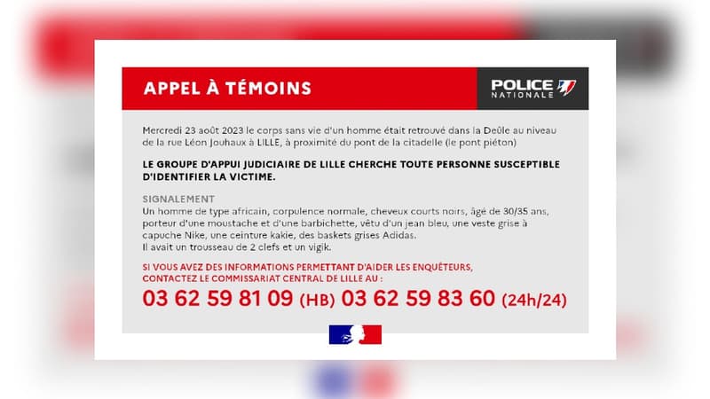 Un appel à témoins lancé après la découverte du corps d'un homme dans la Deûle le 23 août 2023