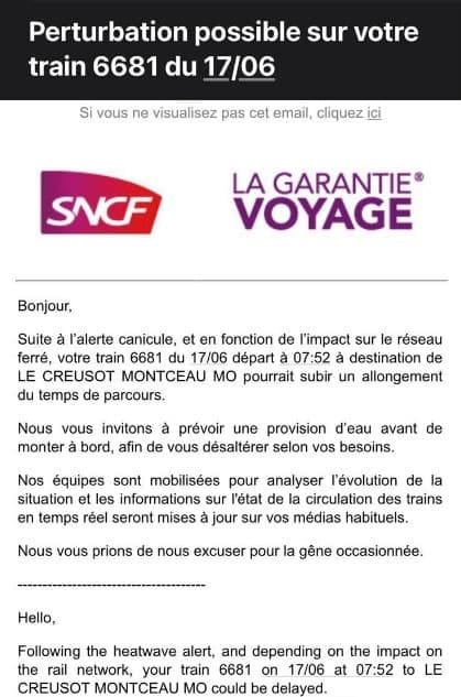 Message envoyé par la SNCF à certains de ses clients