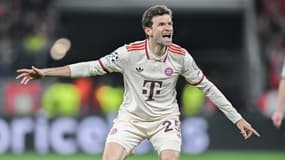 L'attaquant du Bayern Thomas Müller face au Bayer Leverkusen le 11 mars 2025