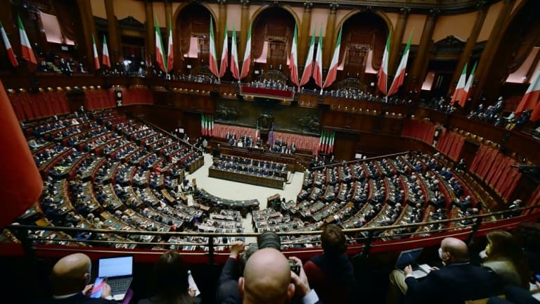 Le parlement italien lors de la prestation de serment du président de la République Sergio Mattarella, le 3 février 2022 à Rome