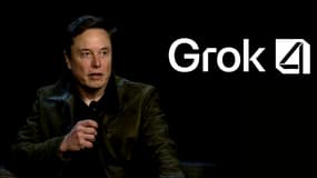Elon Musk et le logo de Grok 4