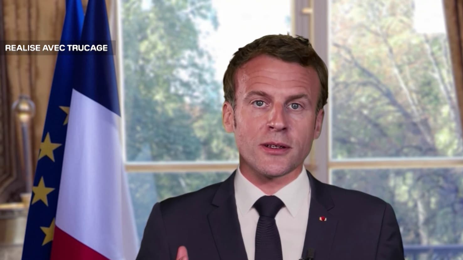 Un discours d'Emmanuel Macron en 2024 (image réalisée avec trucage).