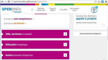 La plateforme OpenInnov développée par GDF Suez regroupe les appels à projets du groupe et propose des espaces d'échanges entre startups et experts GDF Suez.