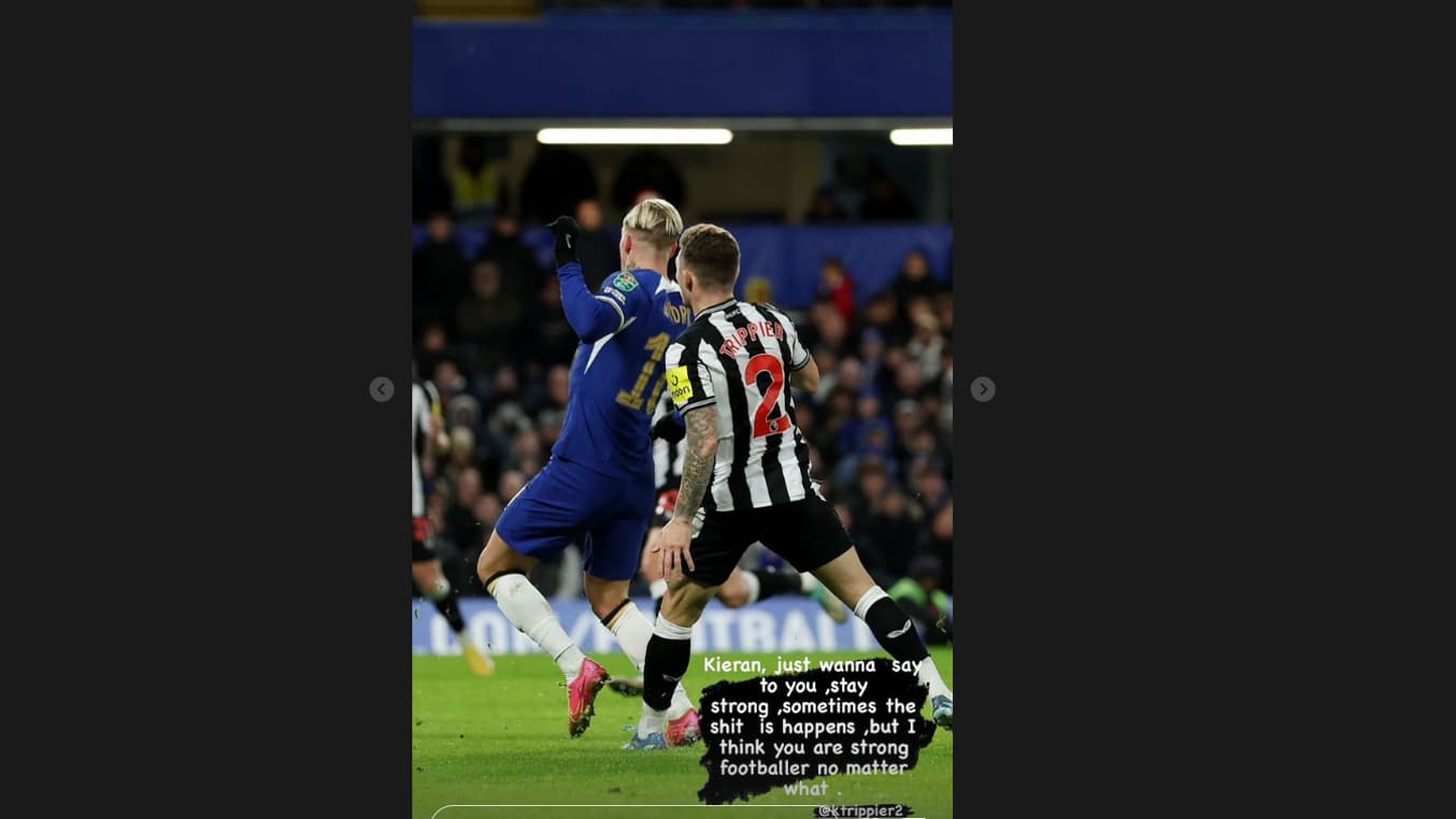 Le message de soutien de Mykhailo Mudryk pour Kieran Trippier sur Instagram après Chelsea-Newcastle (1-1, 4 t.a.b. 2, League Cup), le 19 décembre 2023 Le message de soutien de Mykhailo Mudryk pour Kieran Trippier sur Instagram après Chelsea-Newcastle (1-1, 4 t.a.b. 2, League Cup), le 19 décembre 2023