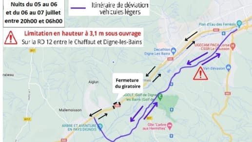 Les déviations à emprunter les nuits du 5,6 et 7 juillet prochain sur la RN85. Les déviations à emprunter les nuits du 5,6 et 7 juillet prochain sur la RN85.