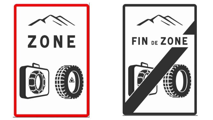Le panneau marquera le début et la fin de la zone où les pneus hiver et dispositifs amovibles sont obligatoires, du 1er novembre au 1er mars.