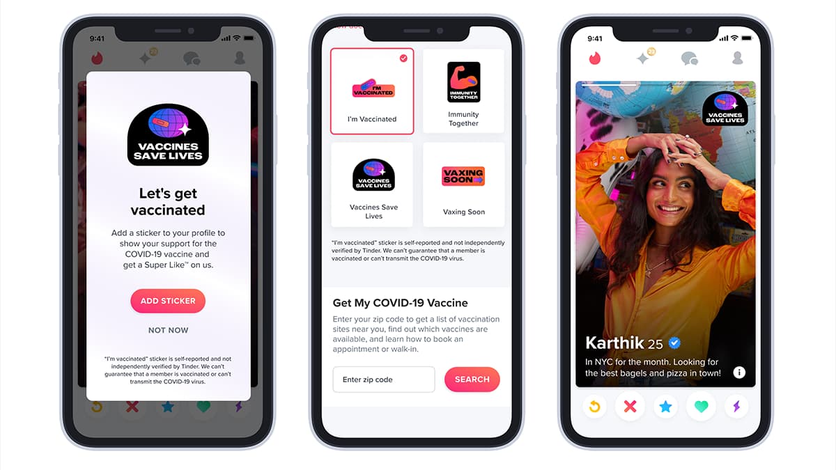 Les stickers dédiés à la vaccination sur l'application de rencontres Tinder Les stickers dédiés à la vaccination sur l'application de rencontres Tinder