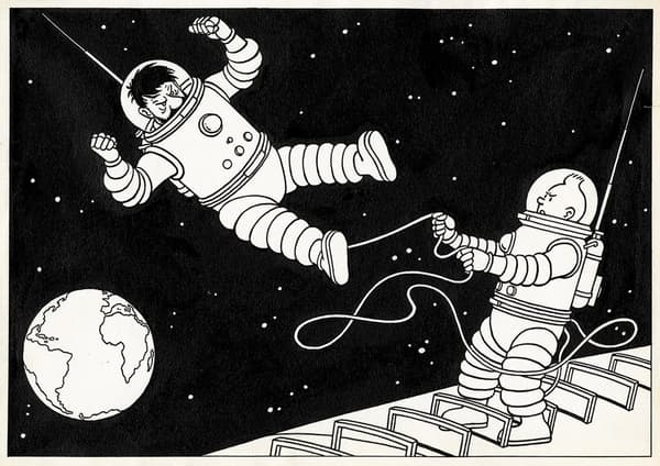 Un dessin de Tintin et du capitaine Haddock dans l'espace, par Hergé (1952) Un dessin de Tintin et du capitaine Haddock dans l'espace, par Hergé (1952)