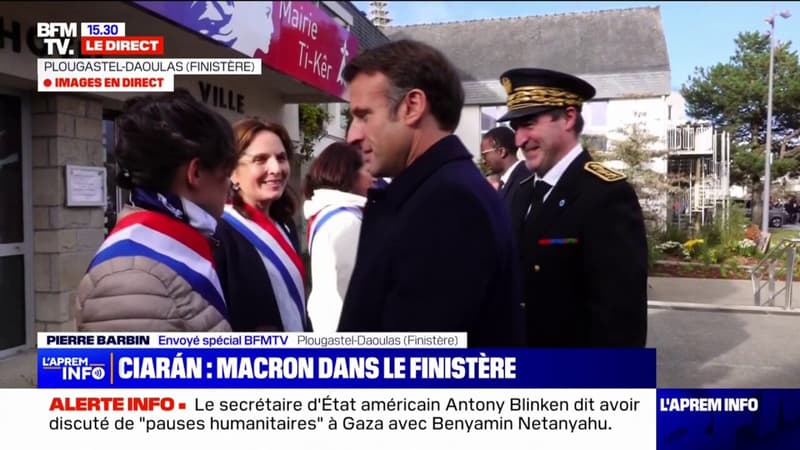 Tempête Ciarán: Emmanuel Macron vient d'arriver à Plougastel-Daoulas dans le Finistère