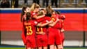La sélection féminine belge célébrant la victoire contre la Pologne en novembre 2021.