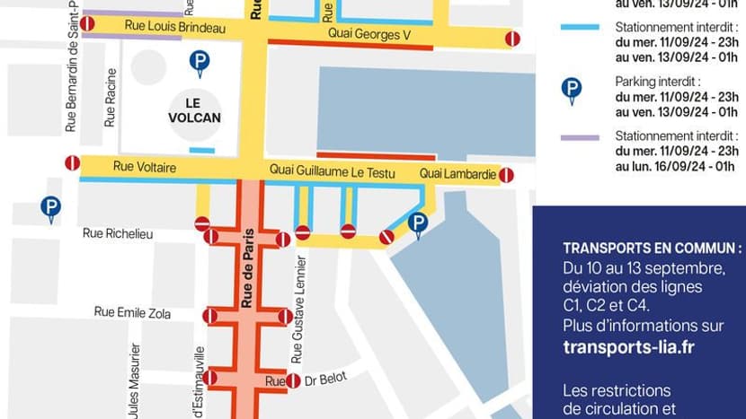 Les restrictions de circulation et de stationnement au Havre (Seine-Maritime) du 10 au 16 septembre 2024 en raison des commémorations des 80 ans de libération de la ville. Les restrictions de circulation et de stationnement au Havre (Seine-Maritime) du 10 au 16 septembre 2024 en raison des commémorations des 80 ans de libération de la ville.