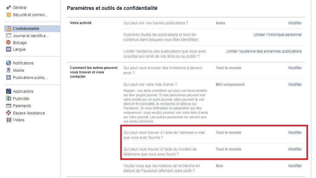 Il est possible de changer les paramètres généraux du compte dans l'onglet "confidentialité" Il est possible de changer les paramètres généraux du compte dans l'onglet "confidentialité"