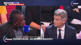 Fabien Roussel face à Julien Jean, habitant de Montpellier et adhérent au Parti socialiste, sur le plateau de BFMTV ce mardi 18 juin 2024.