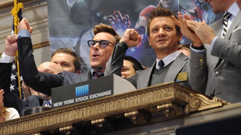 Robert Downey Jr. et Jeremy Renner à Wall Street pour la promotion de Avengers: L'Ere d'Ultron