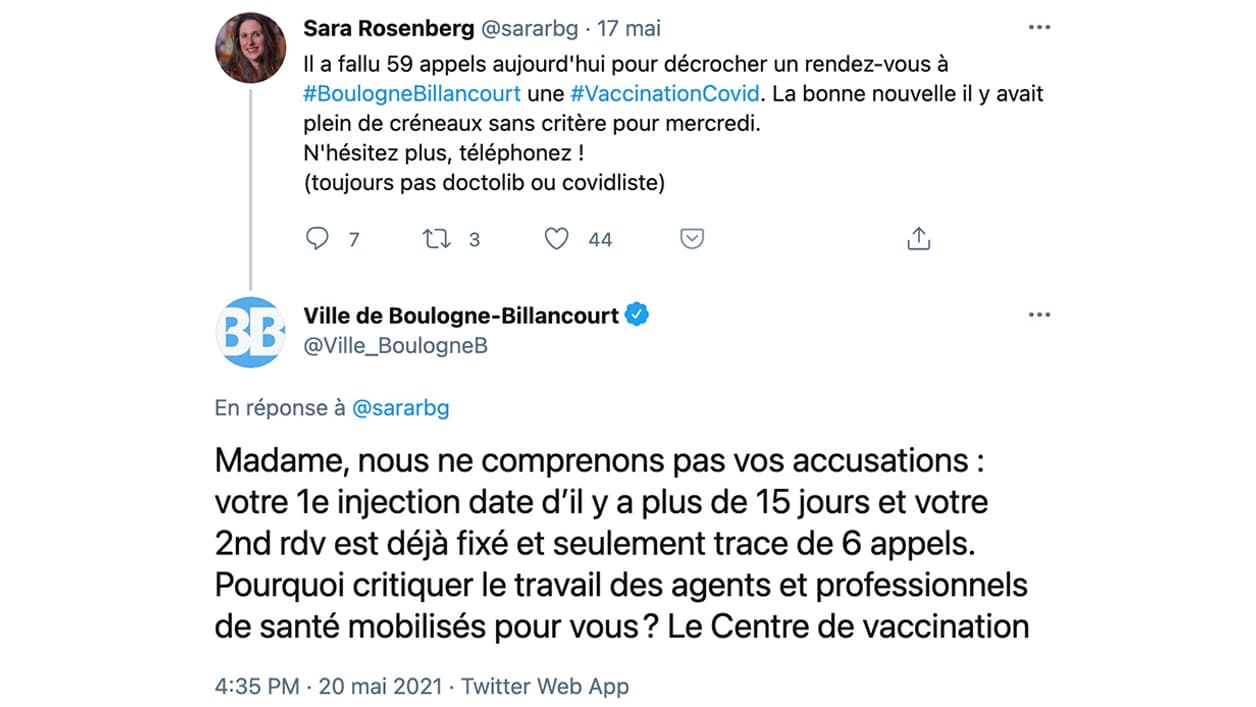 Echange de tweets entre une habitante de Boulogne-Billancourt et la mairie de la ville