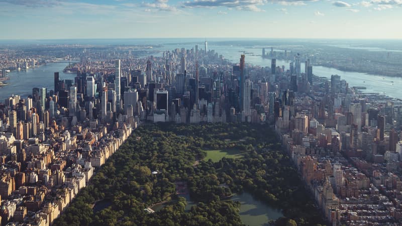 Vue de Central Park à New York, le poumon vert de la ville, entouré de gratte-ciel qui se vendent des centaines de millions de dollars.