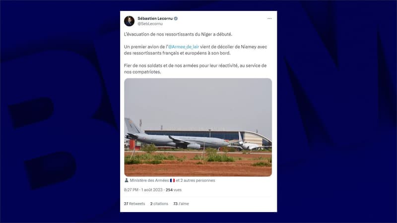 Le ministre des Armées Sébastien Lecornu annonce que l'évacuation des ressortissants français du Niger a débuté, ce 1er août 2023