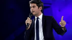Le Premier ministre Gabriel Attal durant le metting Renaissance pour les européennes de la tête de liste Valérie Hayer à Aubervilliers, dans les Haut-de-Seine, le 1er juin 2024 (image d'illustration).